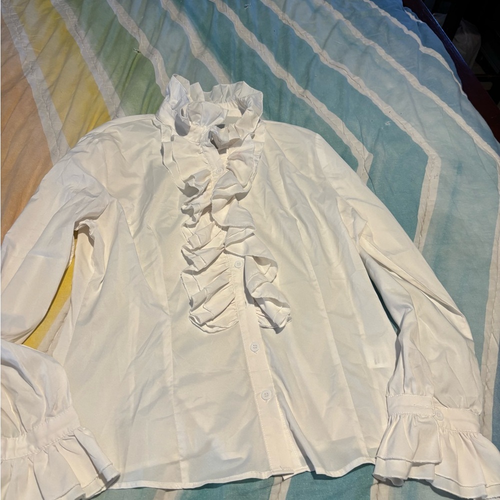 Kate Kasin White Ruffled Blouse